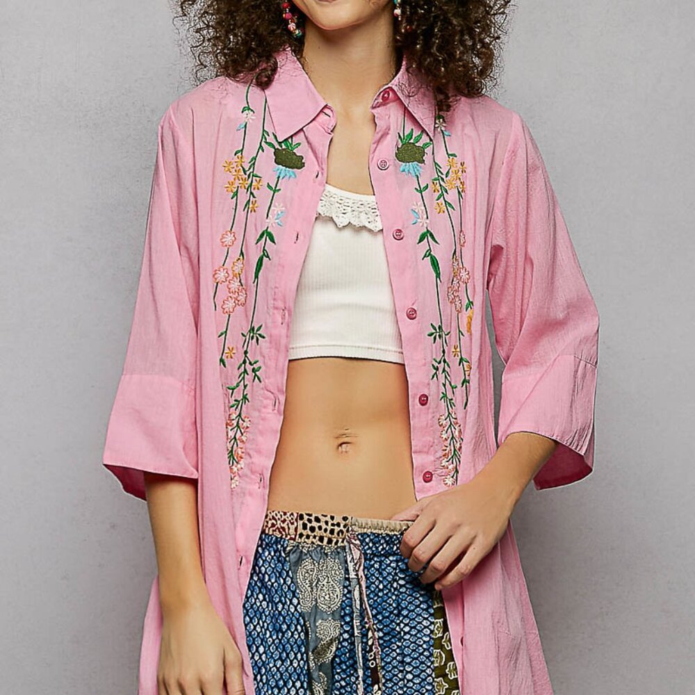 POL Floral Embroidered Half‎ Sleeve Cotton Shirt - Picture 2 of 6
